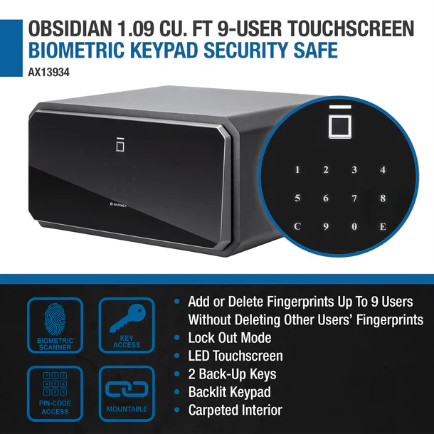 Barska AX13934 Obsidian 9-User Touchscreen Biometric Keypad Security Safe