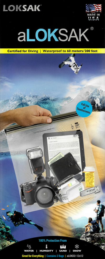 aLOKSAK Resealable Waterproof Bag Certified to 60 Meters 12" x 12" - 2 Pack