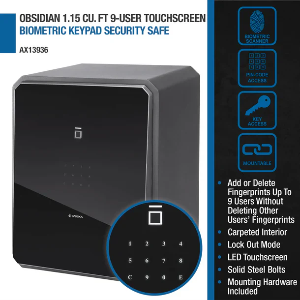 Barska AX13936 Obsidian 9-User Touchscreen Biometric Keypad Security Safe